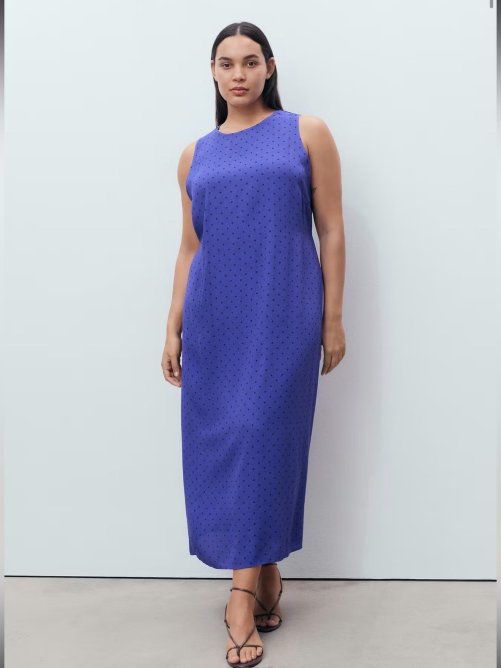 Mango Sleeveless Midi Dress in Cobalt Blue with Subtle Dot Texture
